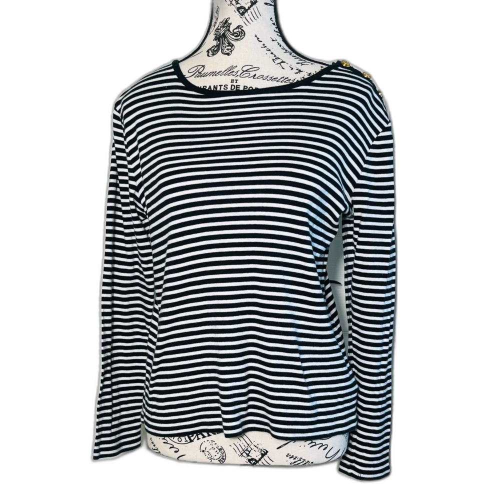 Lauren Ralph Lauren Petite Med Black White Stripe Nautical 3/4 Gold Detail